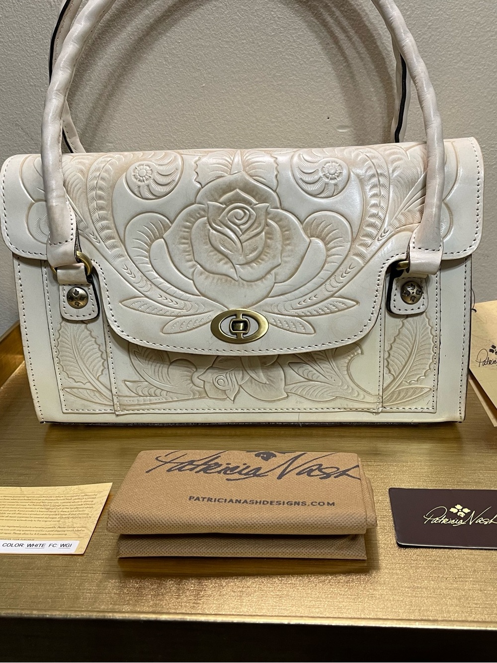 Patricia Nash Cream Embossed Floral Leather Satchel